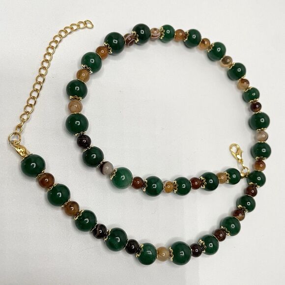 Emerald Green Gemstone Brown Agate Gemstone Beaded Necklace Gold Tone Boho - Picture 3 of 8